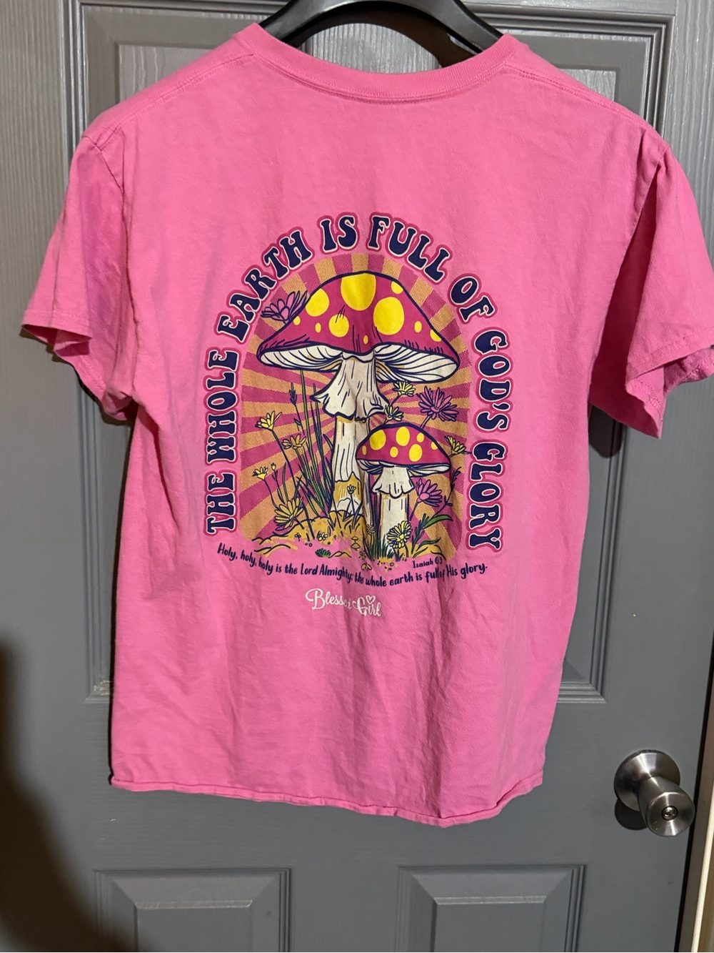 Blessed Girl Pink Mushroom Graphic T-Shirt Isaiah 6:3 God's Glory Tee Womens M - Picture 7 of 8